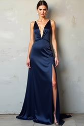 Marineblaues Satin Abendkleid mit tiefem V-Ausschnitt und Schlitz